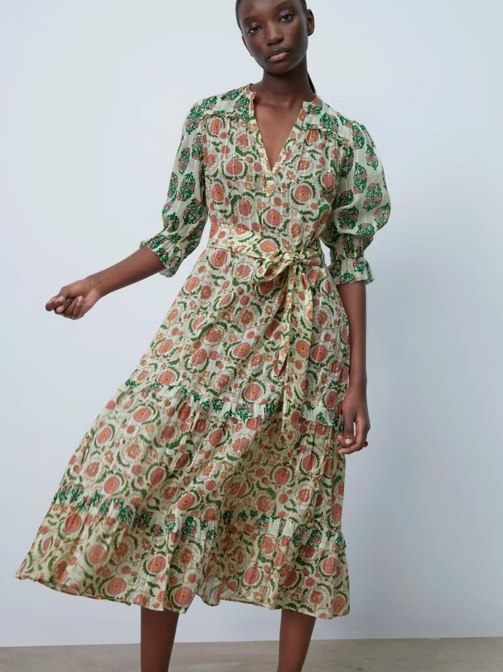 Zara Floral Tie-Waist Maxi Dress - Green & Peach